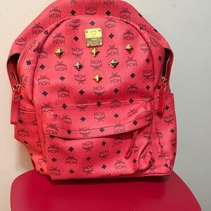 MCM Coral Backpack with Gold Studs
